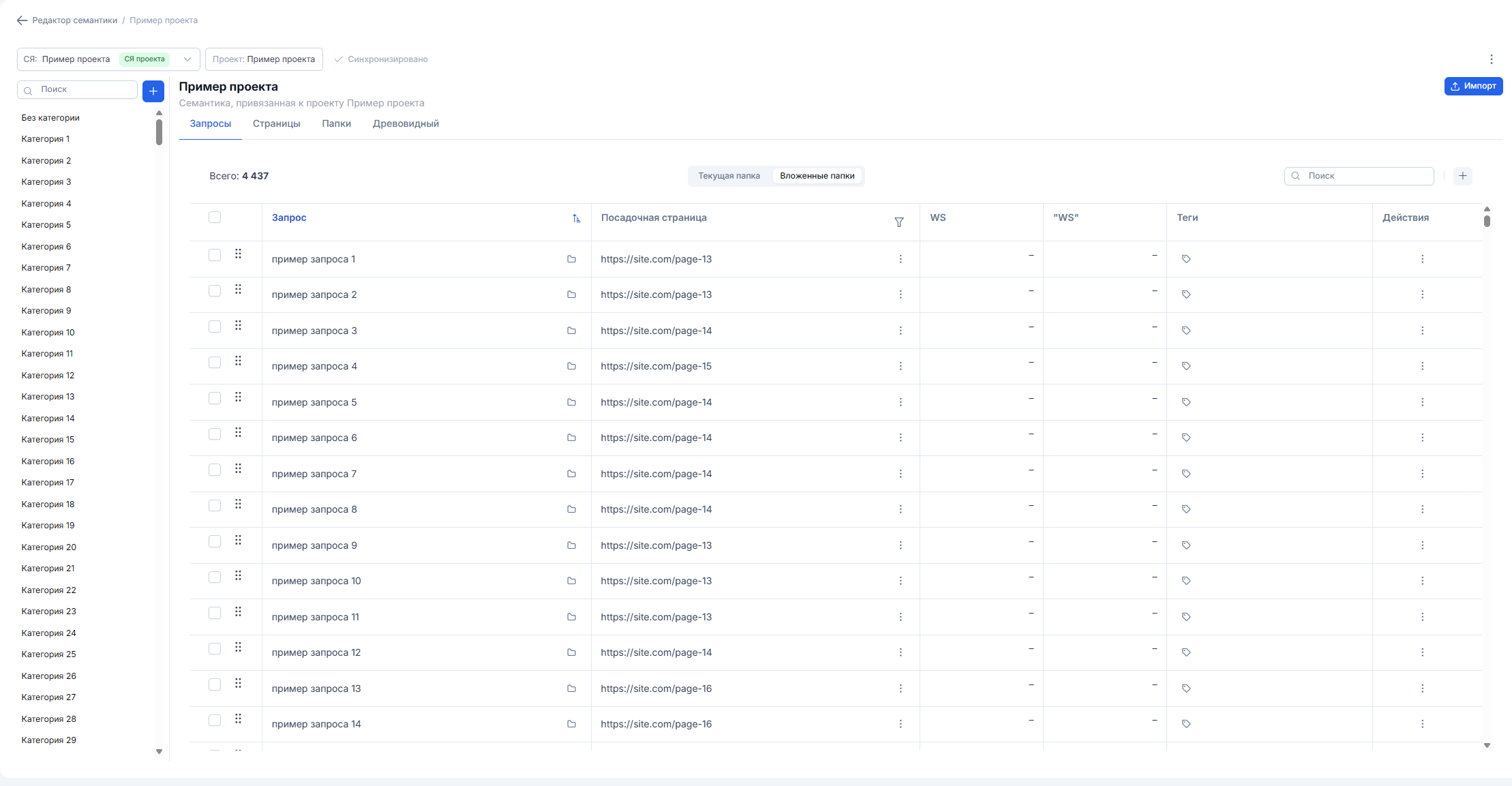 Семантическое ядро проекта в Редакторе семантики Dataforce AI: папки, запросы, посадочные страницы, WS и теги